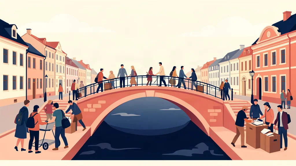 Conceptual illustration of communities connected by a bridge